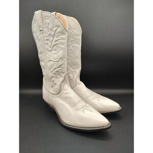 Vintage Off White Leather Western Cowboy Boots Pointed Toe Embroidered Womens‎